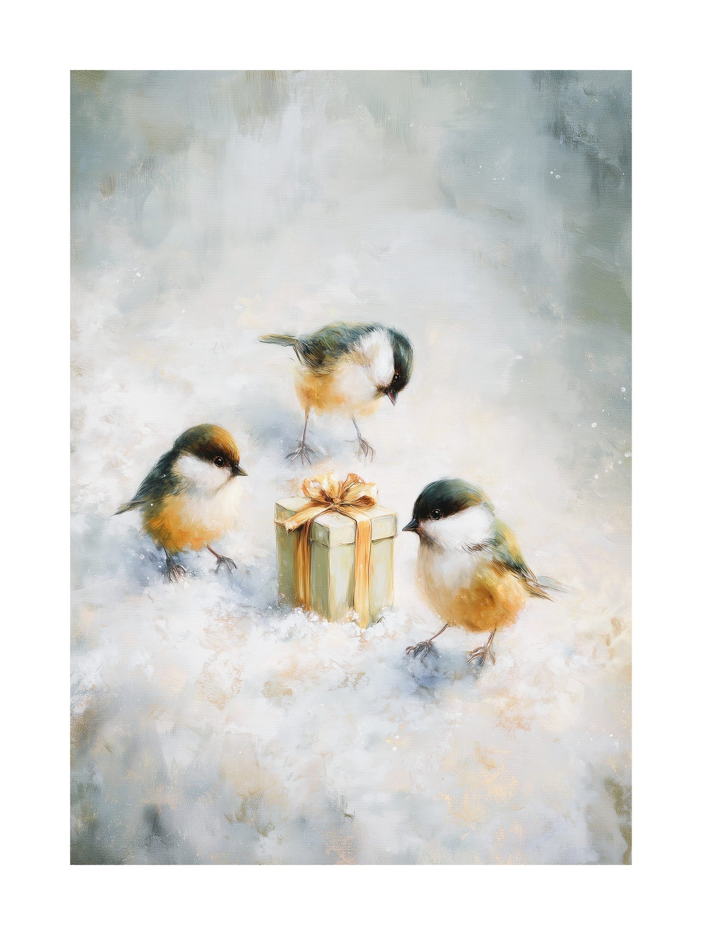 Small birds around a gift in snow acrylic Christmas poster