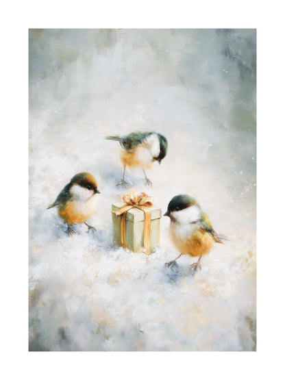 Small birds around a gift in snow acrylic Christmas poster