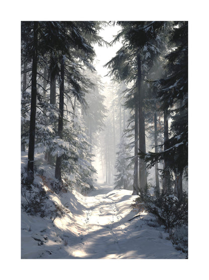 Snowy forest path surrounded by tall pine trees and gentle sunlight.