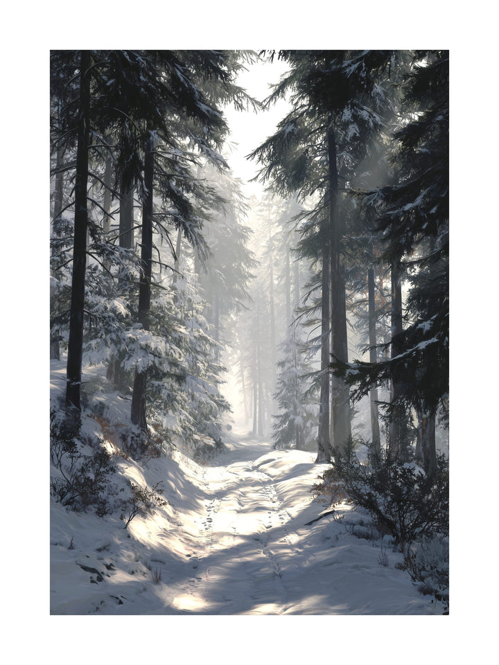 Snowy forest path surrounded by tall pine trees and gentle sunlight.