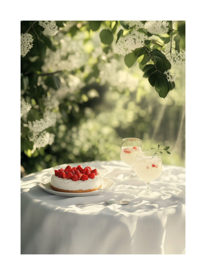 Poster of summer garden table with strawberry cake and floral drink