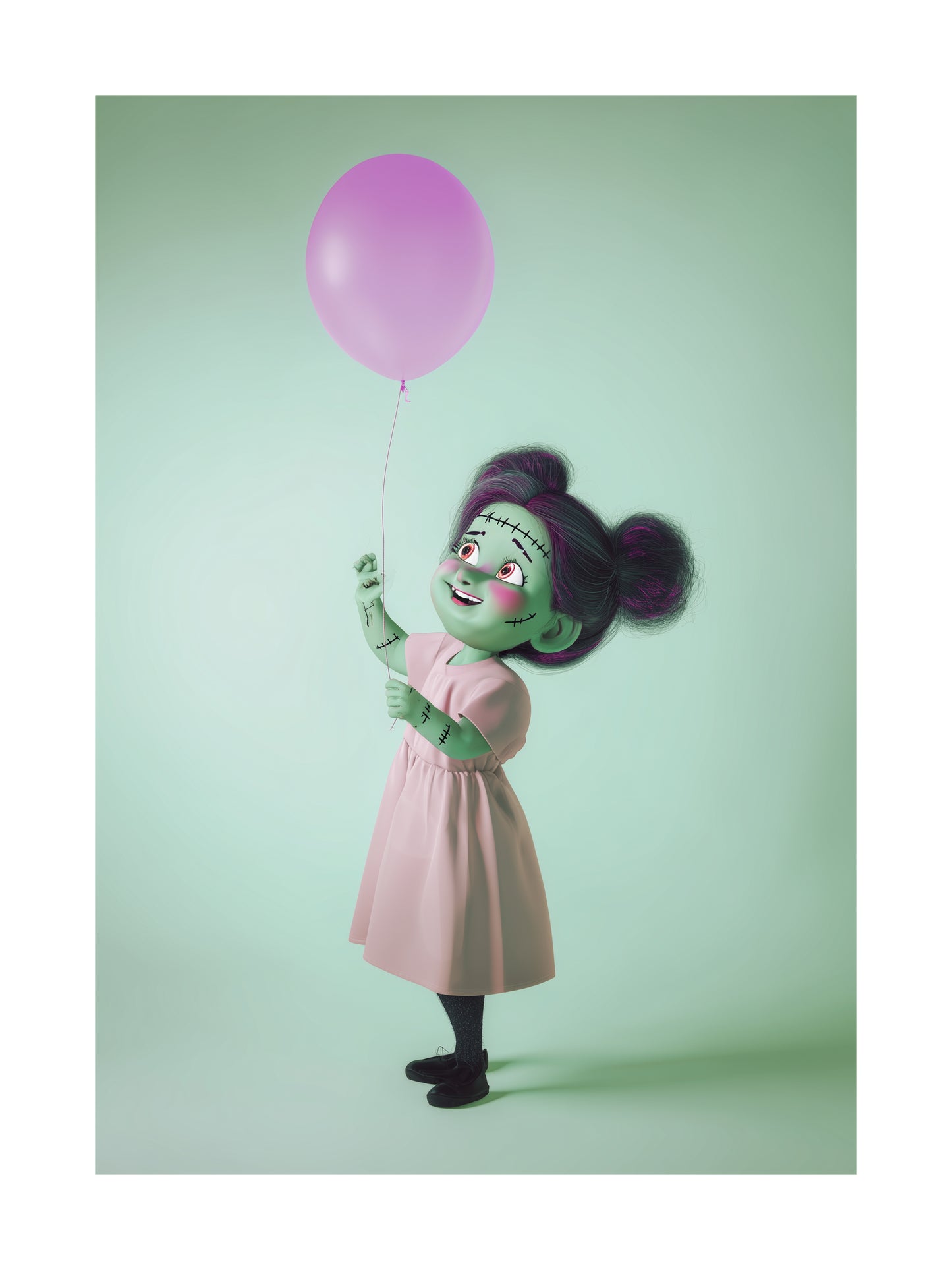 Poster of a cute Frankenstein girl holding a pink balloon