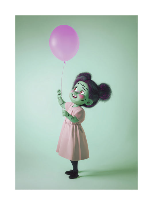 Poster of a cute Frankenstein girl holding a pink balloon
