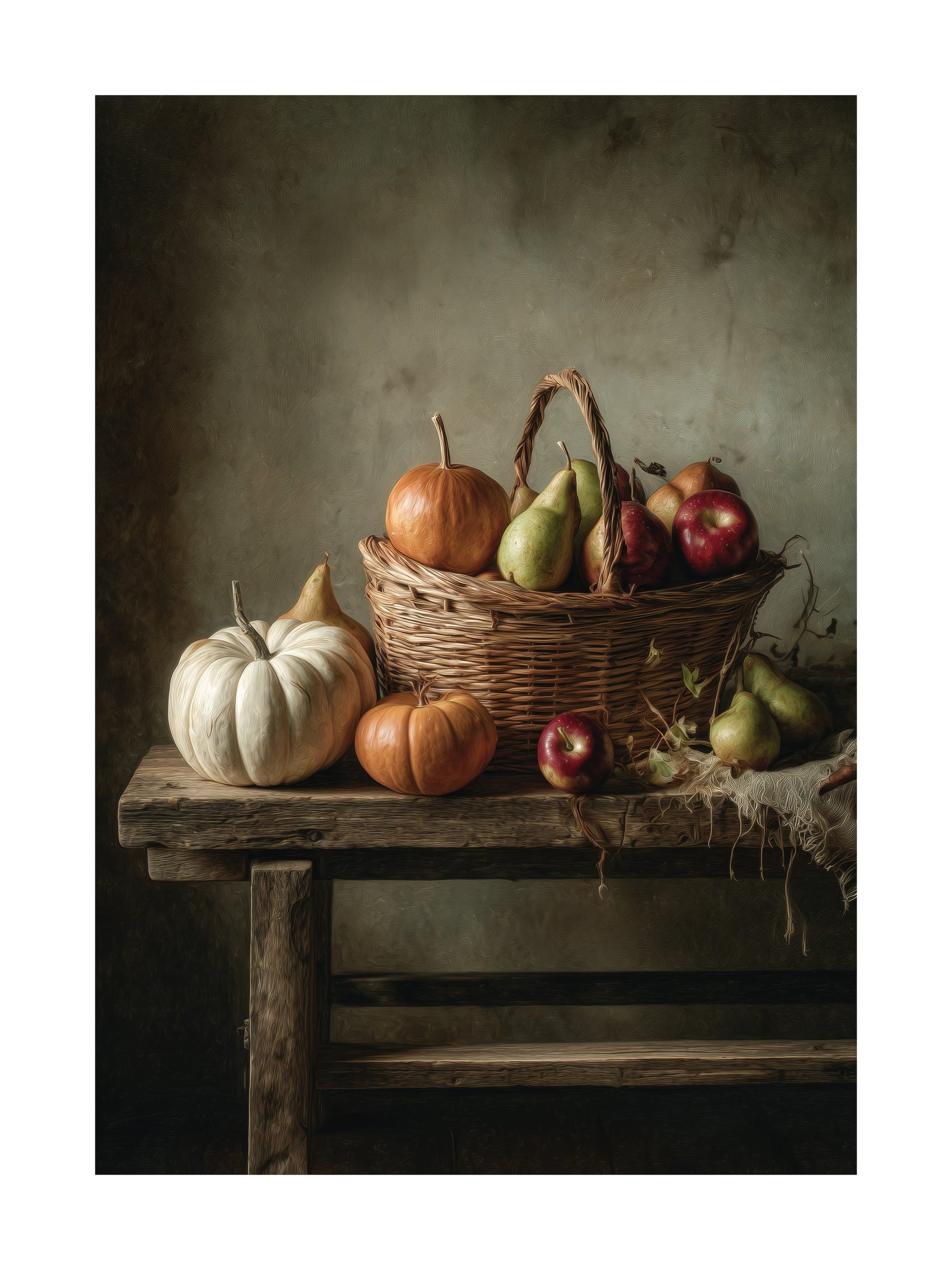 Poster of a harvest basket with pumpkins, apples and pears