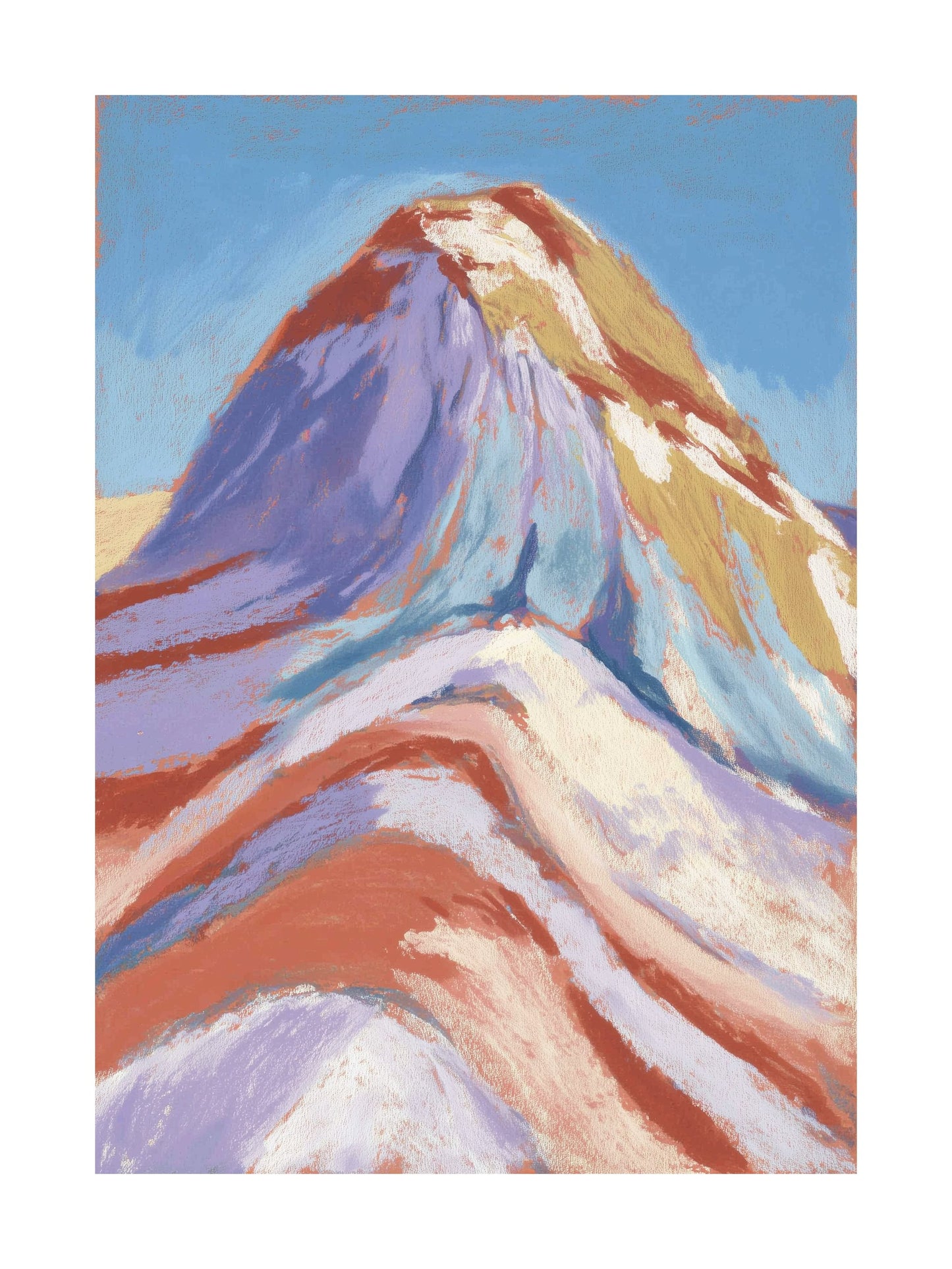 Colorful pastel mountain with flowing ridges in purple, red, and cream tones.