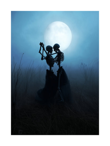 Skeleton couple dancing under the moonlight in a foggy field Halloween poster
