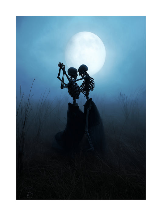 Skeleton couple dancing under the moonlight in a foggy field Halloween poster