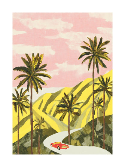 Poster of a red convertible driving through a palm-lined desert under pink sky