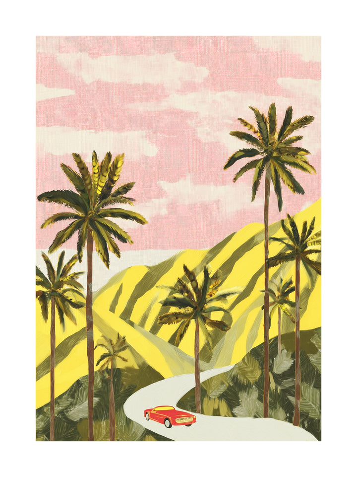 Poster of a red convertible driving through a palm-lined desert under pink sky