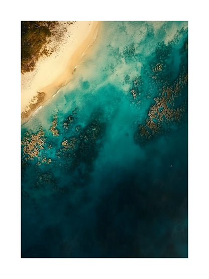 Aerial view of a glowing coral shoreline fading into the sea. Ideal for wall art in your home, office, or studio.