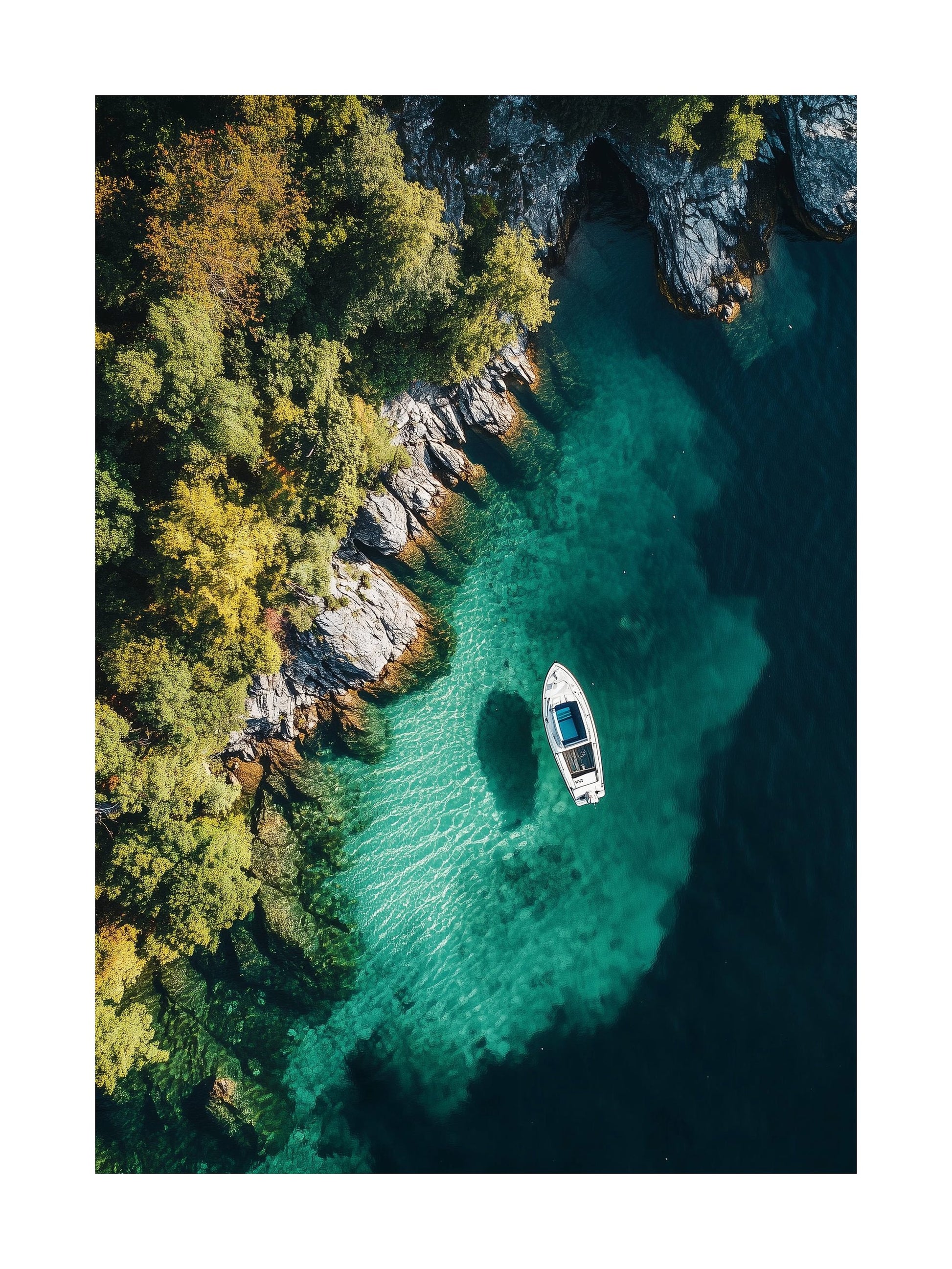 Overhead view of a fjord with rocky shoreline and green water. Ideal for wall art in your home, office, or studio.