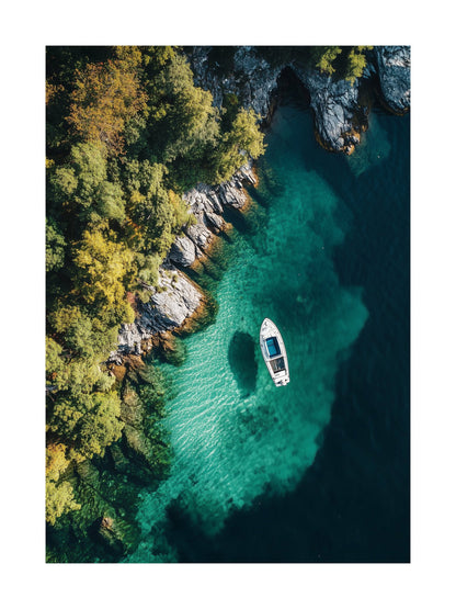 Overhead view of a fjord with rocky shoreline and green water. Ideal for wall art in your home, office, or studio.