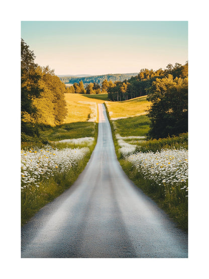 Long empty road with wildflowers on each side in the Swedish countryside