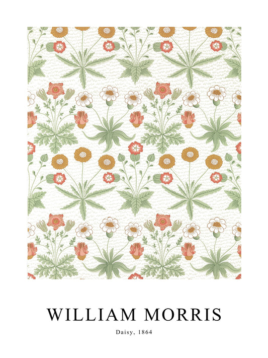 Poster of Daisy by William Morris, with colorful and symmetrical wildflower arrangements.