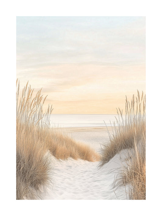 Poster showing a sandy dune path leading to a tranquil beach at sunset
