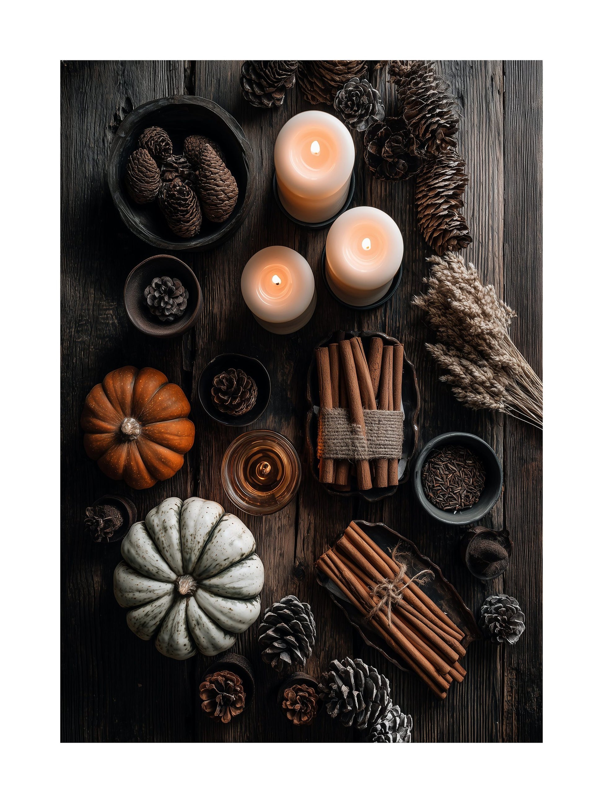 Poster of autumn table with pumpkins, cinnamon sticks and candles