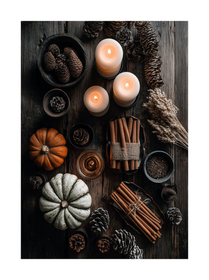 Poster of autumn table with pumpkins, cinnamon sticks and candles