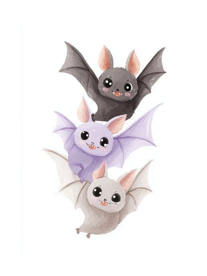 Three cute cartoon bats with big eyes flying together
