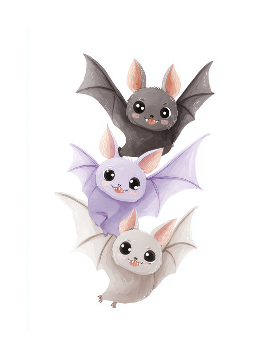 Three cute cartoon bats with big eyes flying together