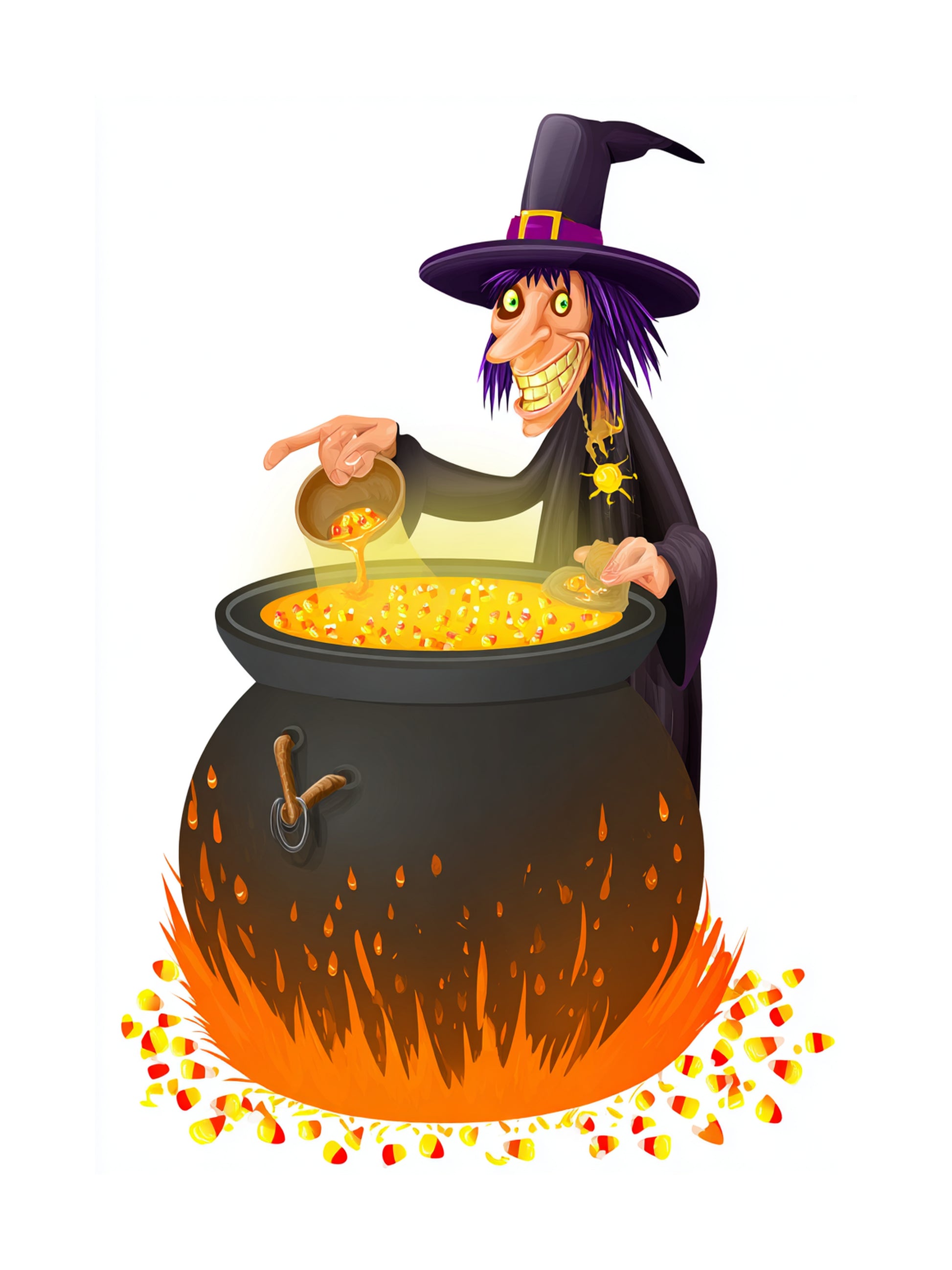 Cartoon witch stirring candy corn soup in a large cauldron