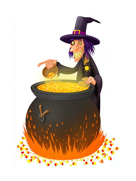 Cartoon witch stirring candy corn soup in a large cauldron