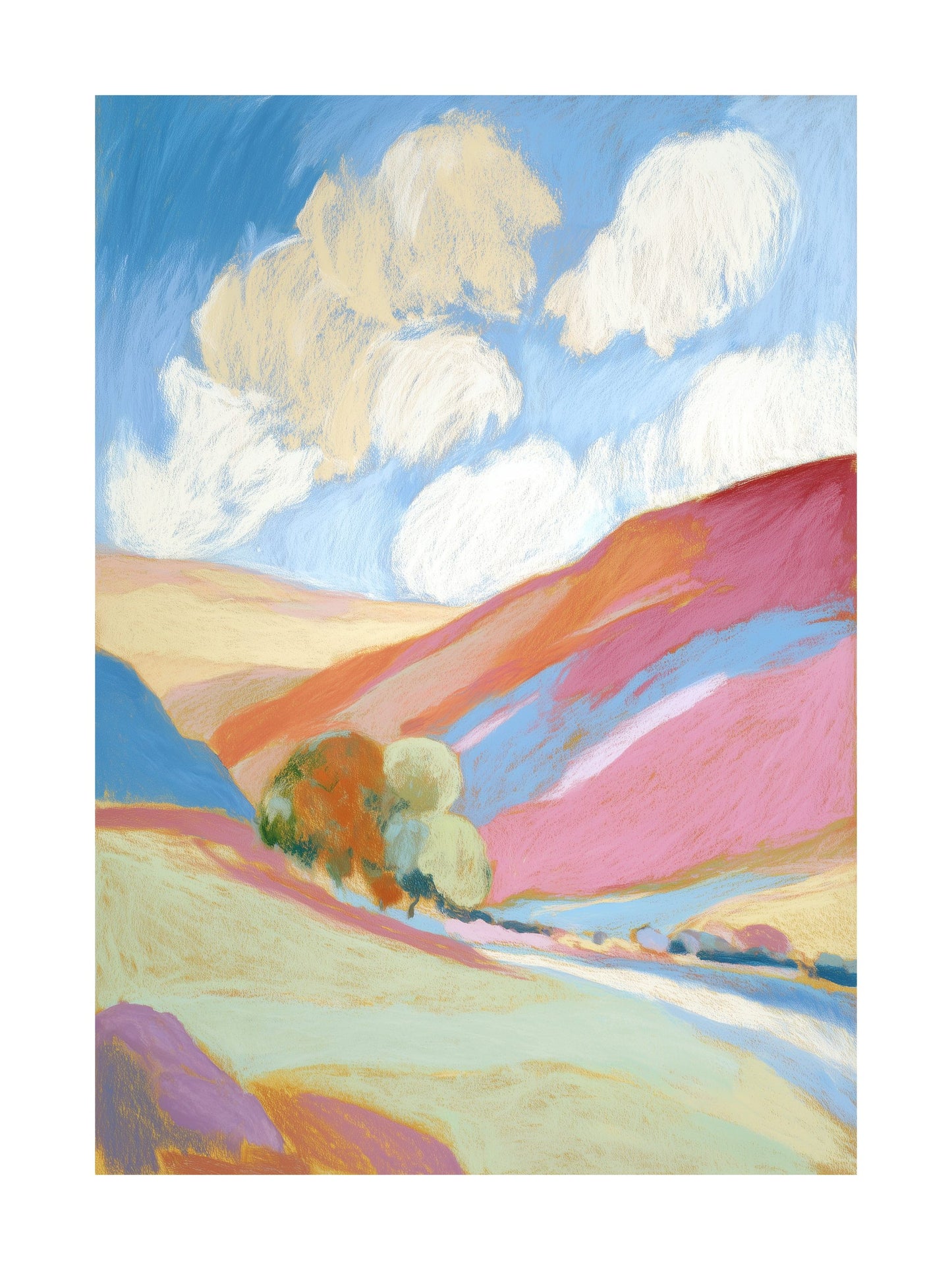 Golden valley with clouds and hills in pastel tones