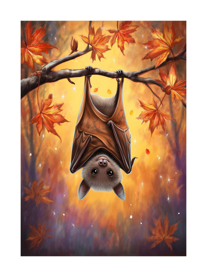 Cute baby bat hanging upside down with autumn leaves poster