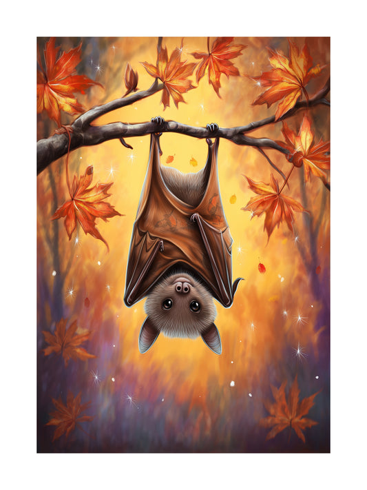 Cute baby bat hanging upside down with autumn leaves poster
