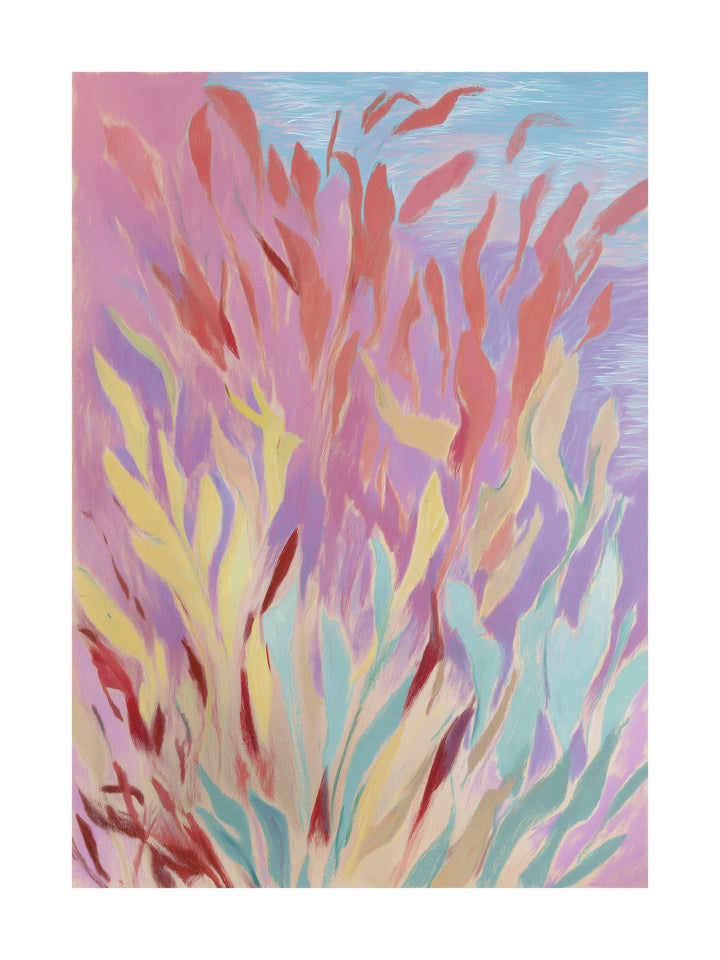 Abstract forest foliage in pink, yellow, and teal pastel tones