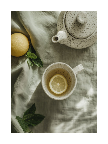 Flat lay of teacup with lemon slice and teapot on soft green fabric