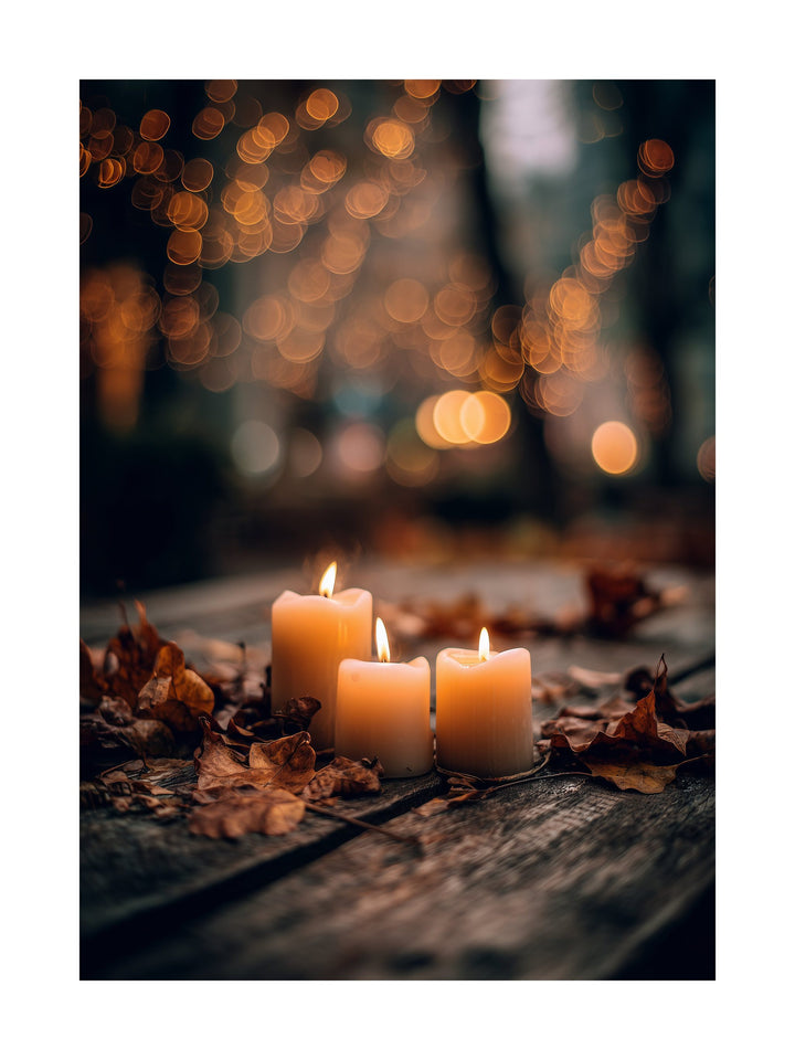 Poster of glowing candles on a rustic wooden table with autumn leaves