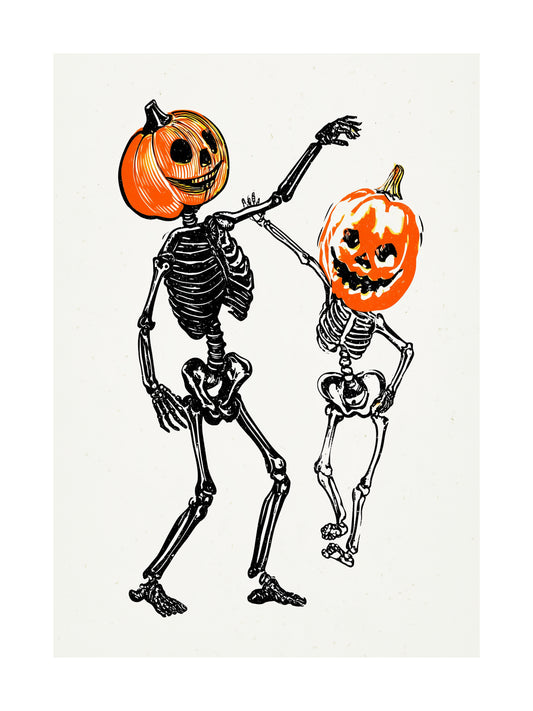 Illustrated Halloween poster of skeletons with pumpkin heads dancing