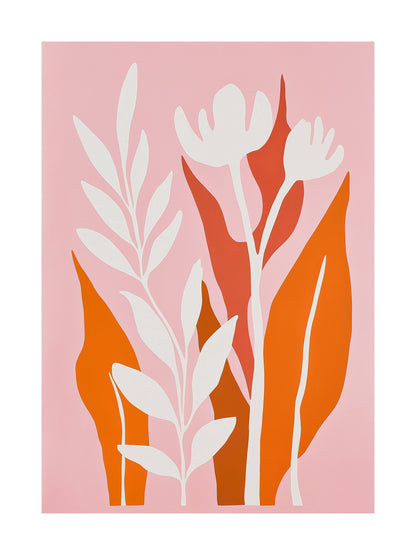 Colorful botanical shapes poster in pink and orange, ideal for modern home decor.