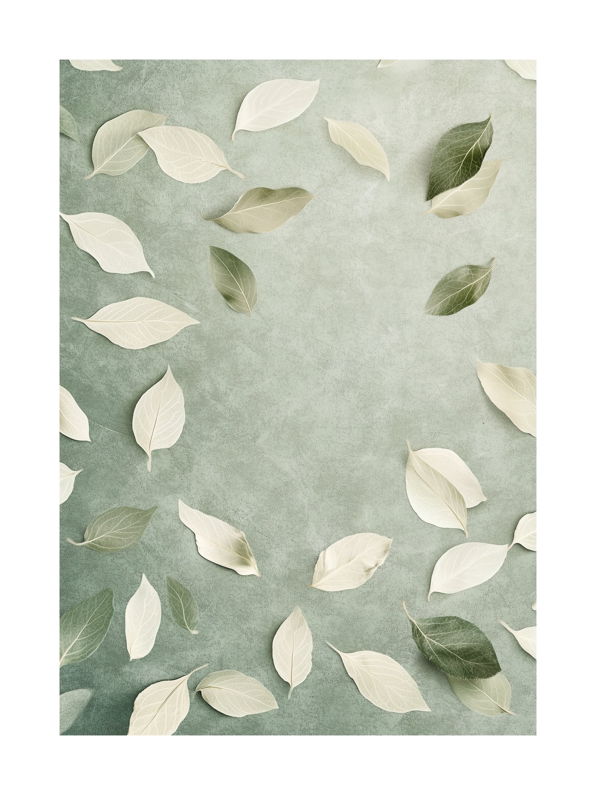 Poster with light and dark green leaves scattered on a soft green background.