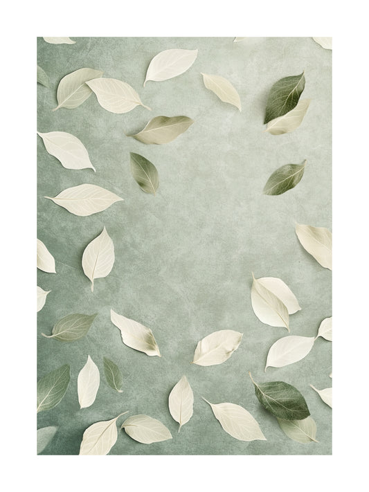 Poster with light and dark green leaves scattered on a soft green background.
