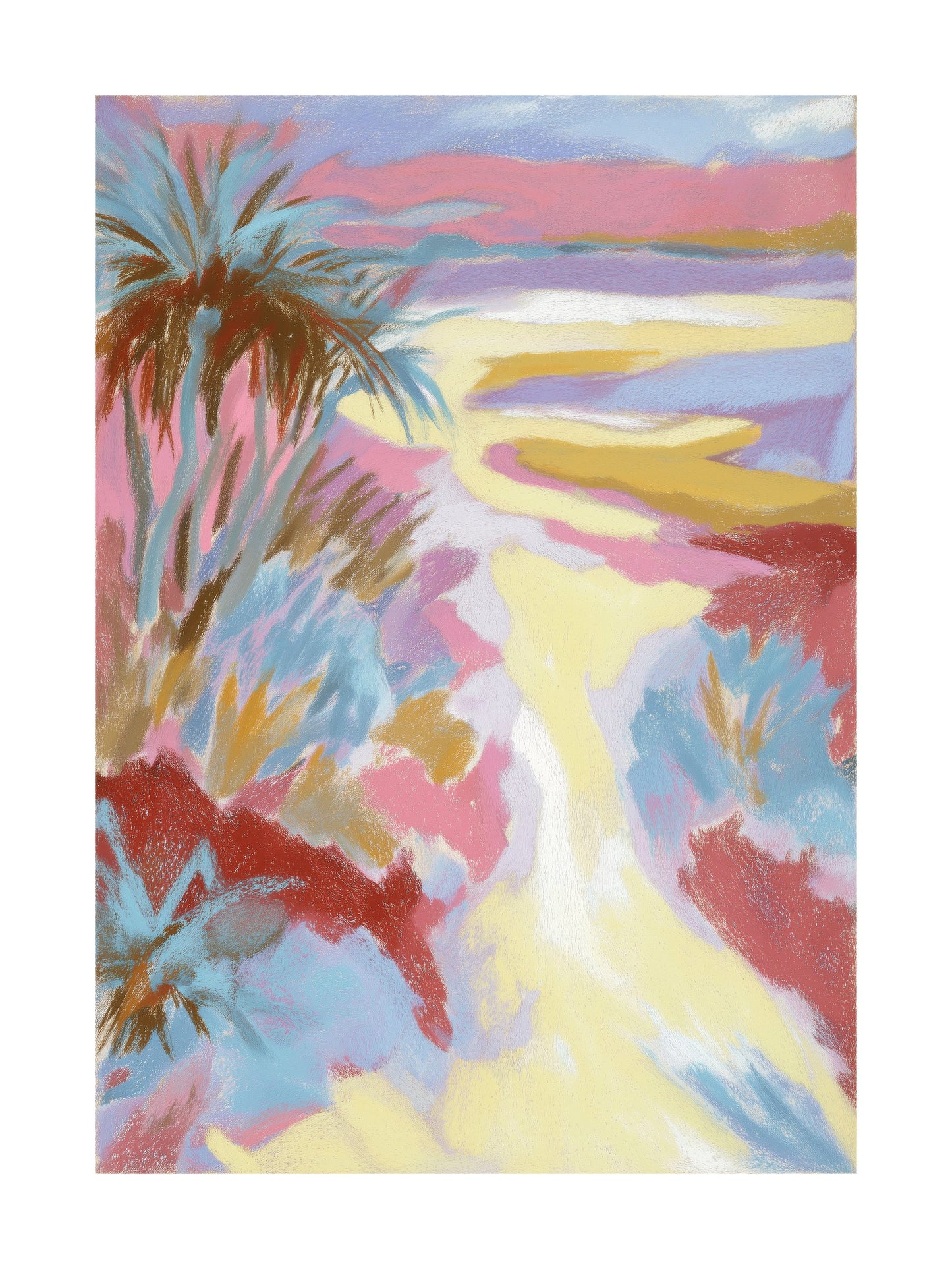 Pastel tropical landscape with palm trees and beach pathway