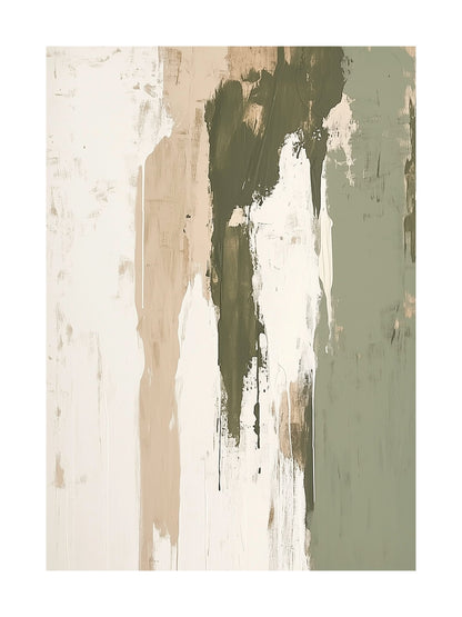 Vertical abstract paint streaks in olive, beige, and white