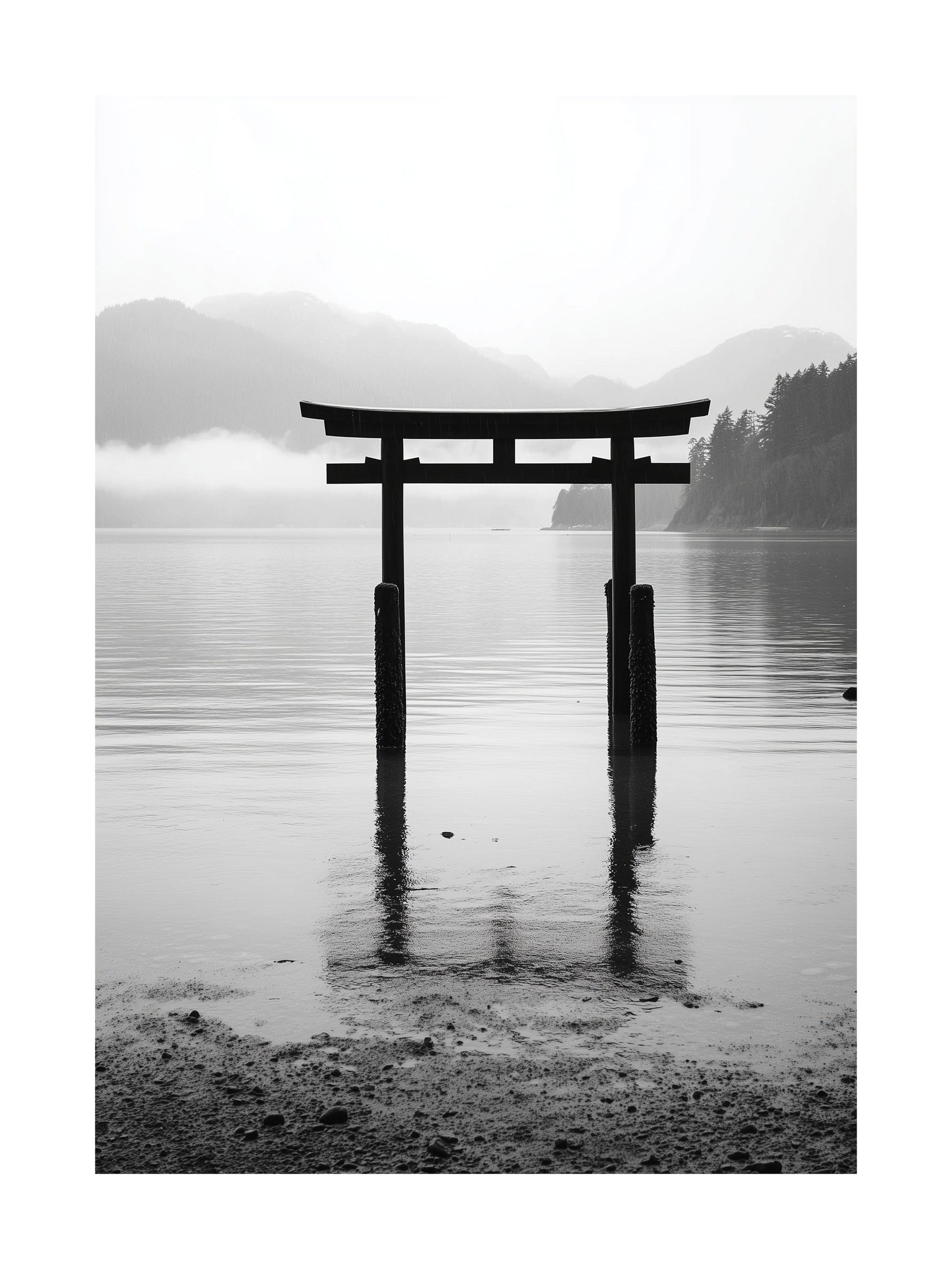 Monochrome poster of a Torii gate reflected in calm lake waters