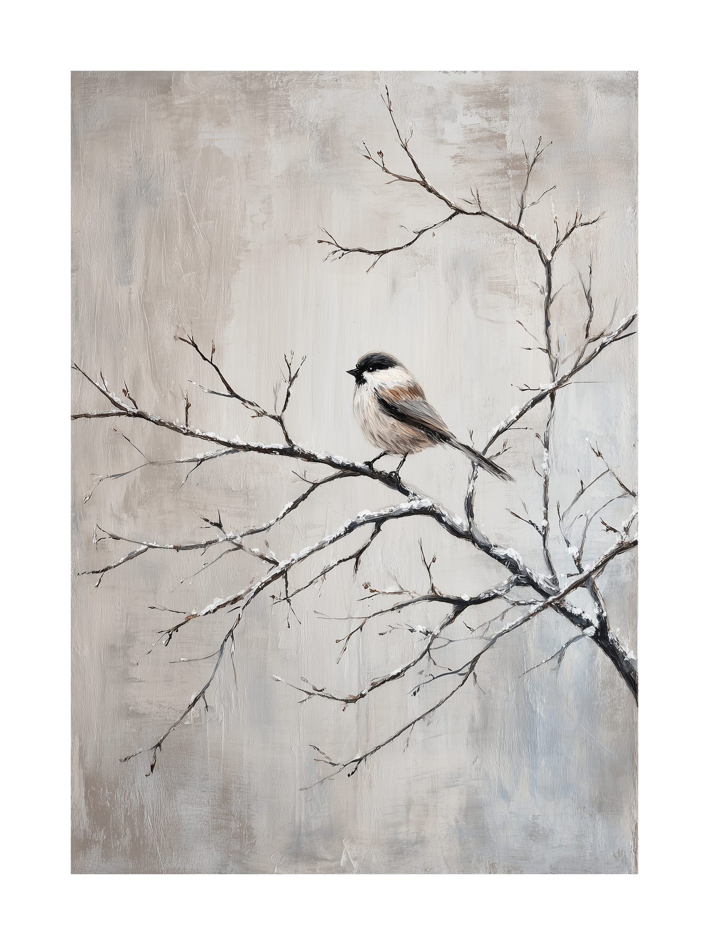 A small bird perched on a snow-covered branch, painted in soft tones.