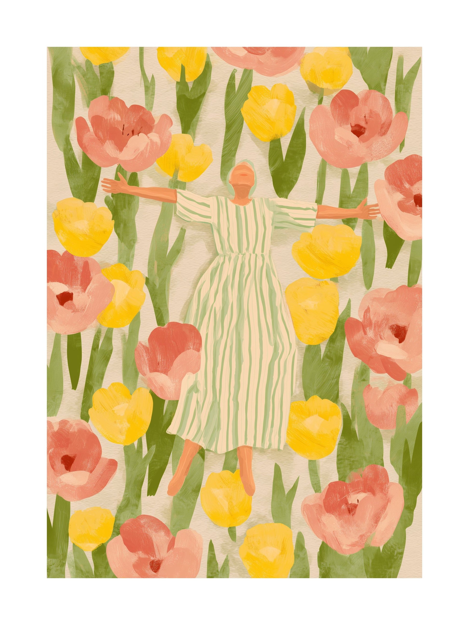 Poster of a woman in striped yellow dress walking among tropical foliage