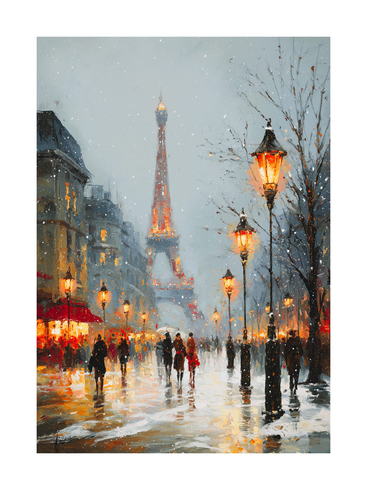 Oil painting of a Paris street with the Eiffel Tower in the background and snowfall.