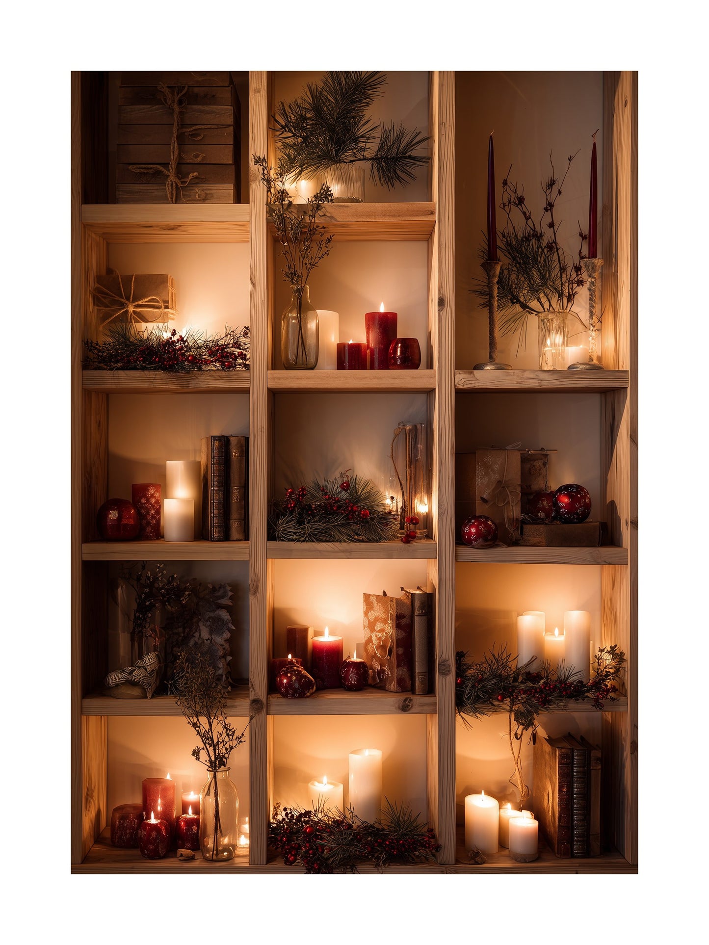 Candlelight Christmas shelf décor poster with pine branches and ornaments