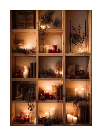 Candlelight Christmas shelf décor poster with pine branches and ornaments