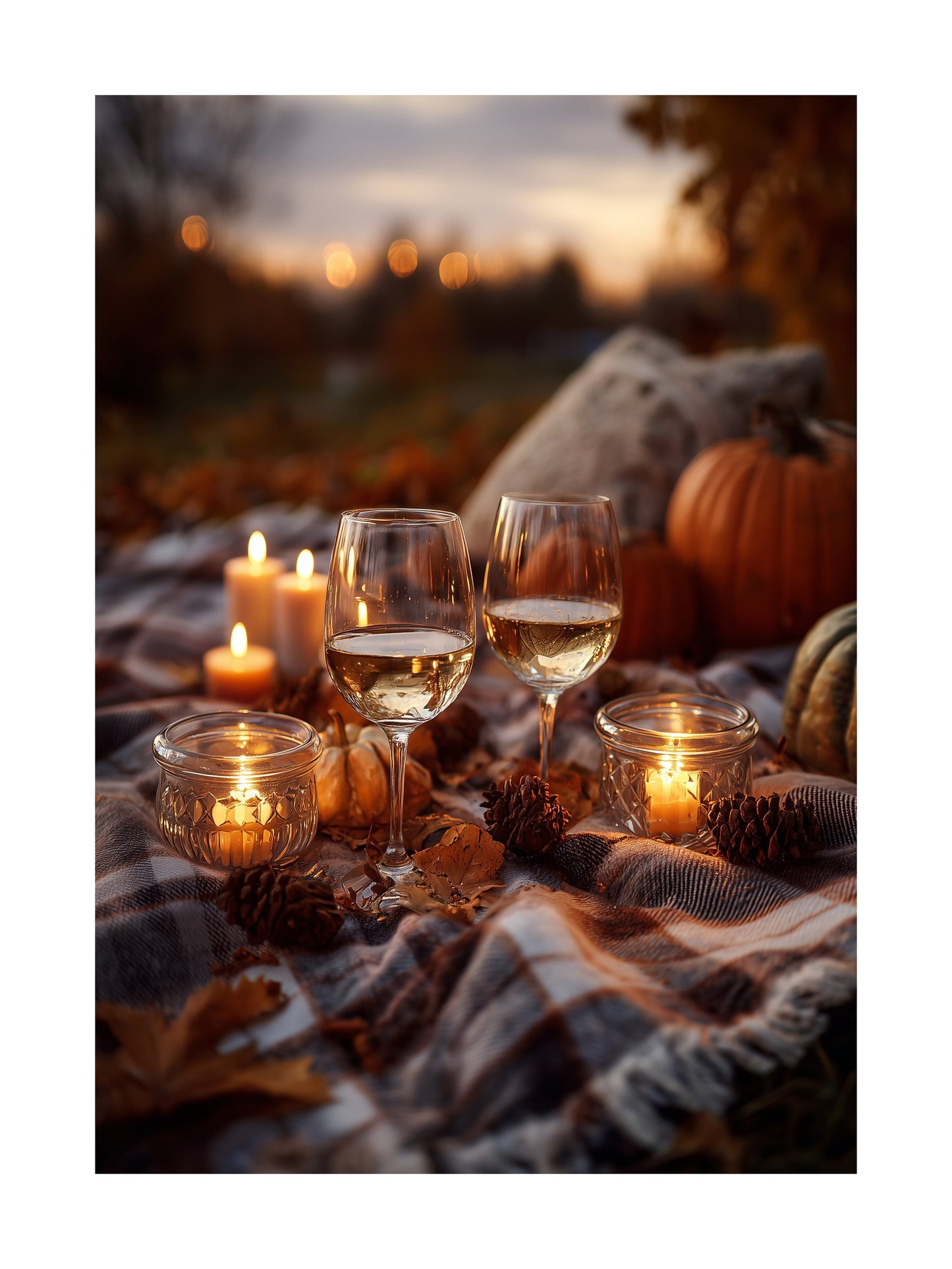 Poster of autumn picnic with wine glasses, pumpkins and candles