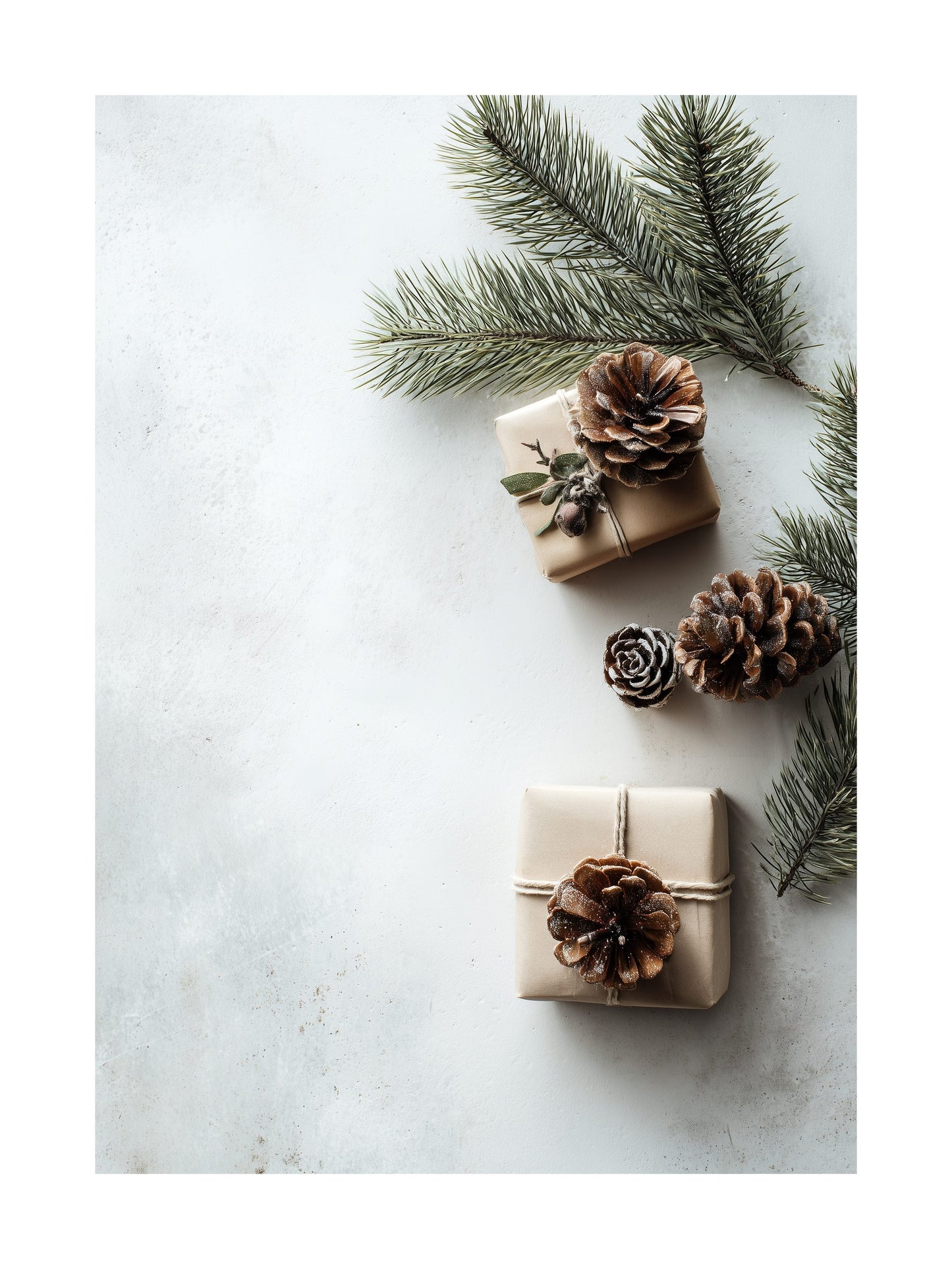 Minimalist Christmas flatlay with pinecones, spruce branches, and wrapped gifts
