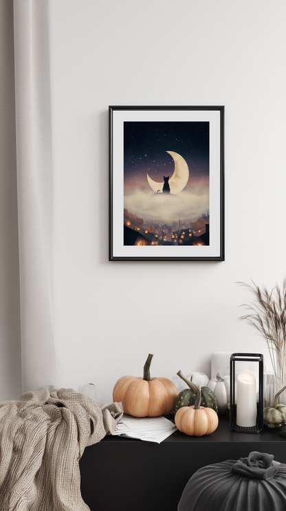 Black Cat and Crescent Moon Poster