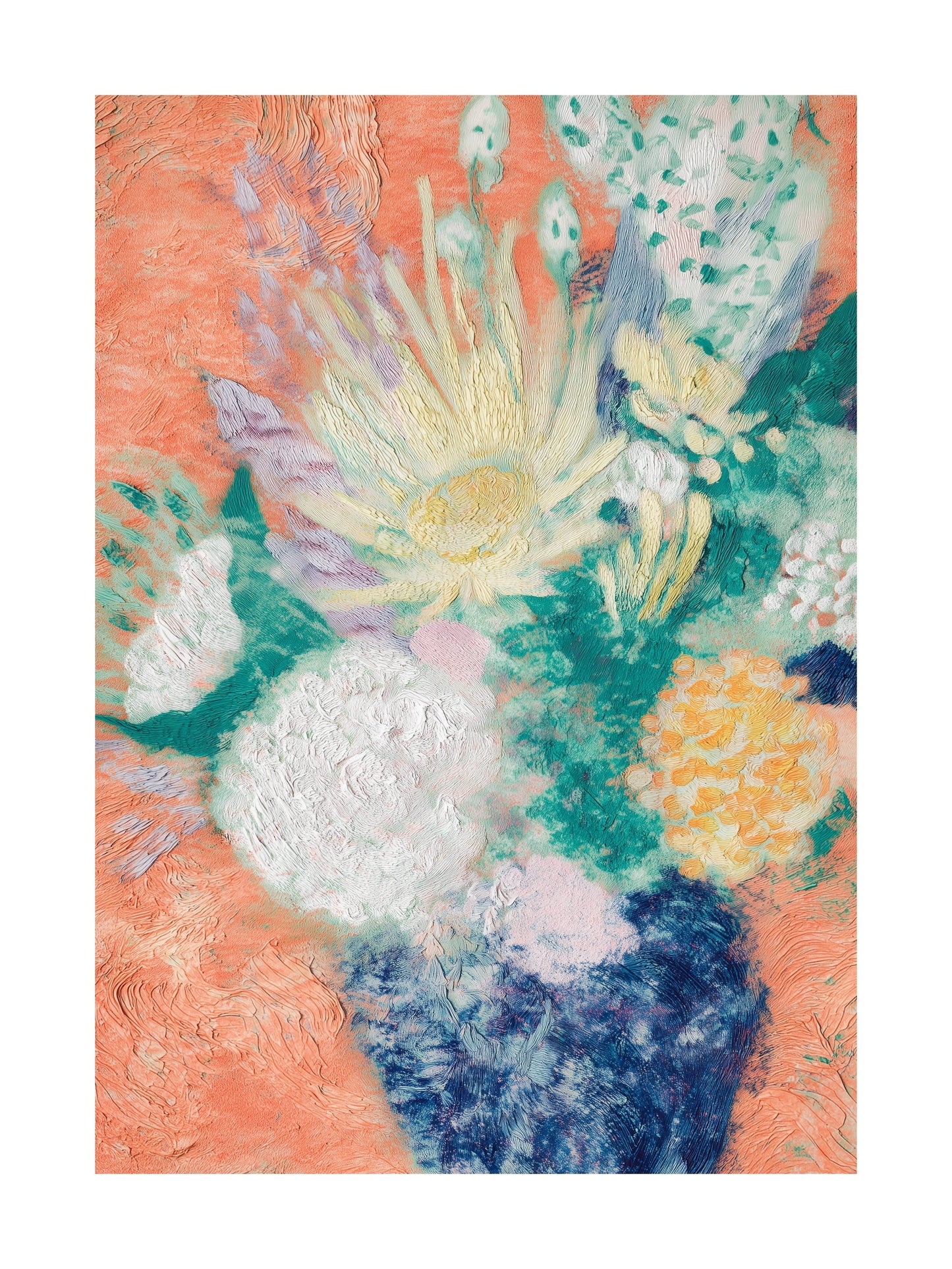 Colorful floral bouquet with textured petals on coral background