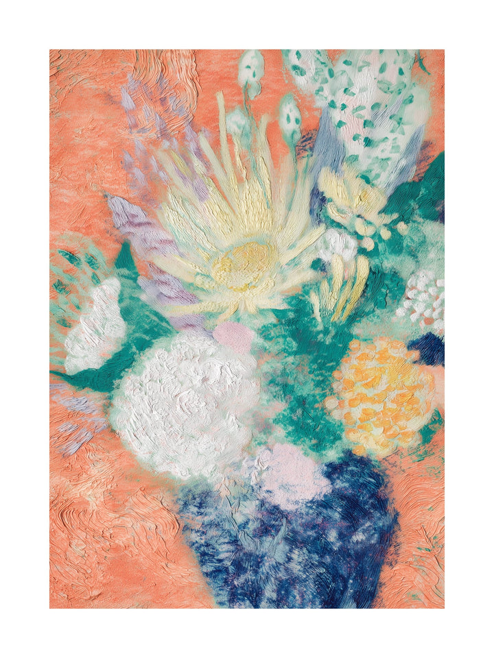 Colorful floral bouquet with textured petals on coral background