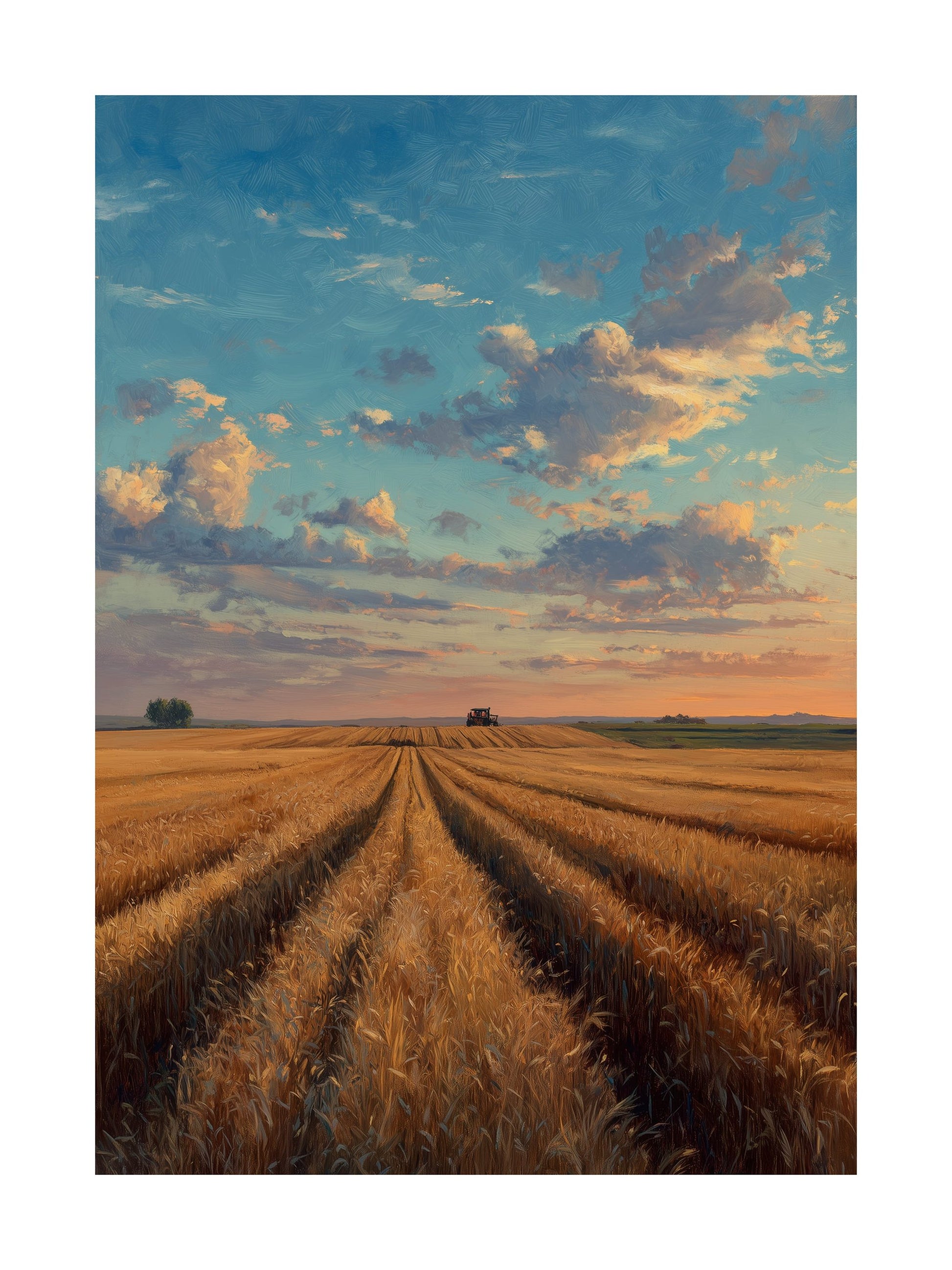 Poster of golden wheat field at sunset with vintage tractor