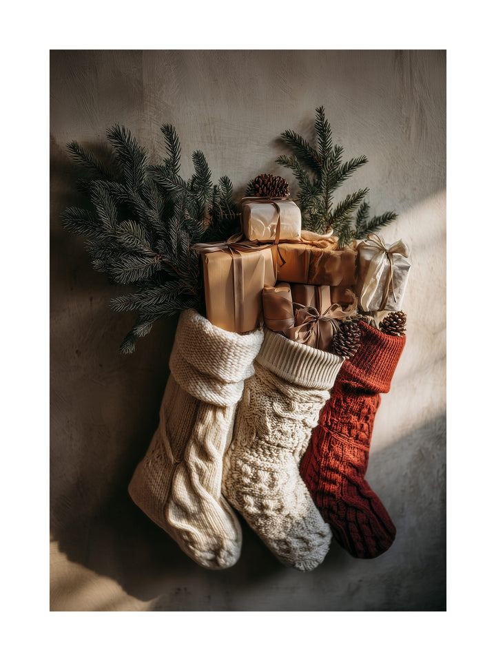 Christmas stockings filled with gifts and pine branches on a wall